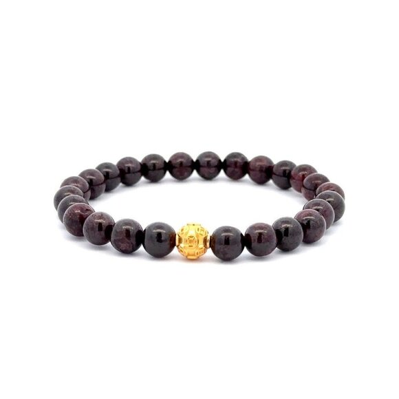 18K Gold Ball Coin Lucky Charm Bracelet Natural Garnet Gemstones 5.5-6mm - Picture 8 of 9